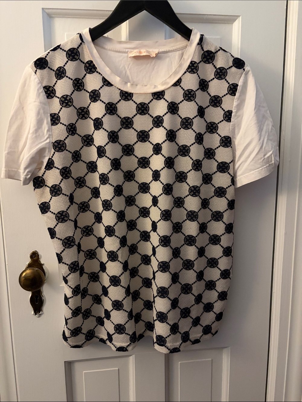 Tory Burch- White SS with Navy Monogram Overlay Lined Front, Size XL